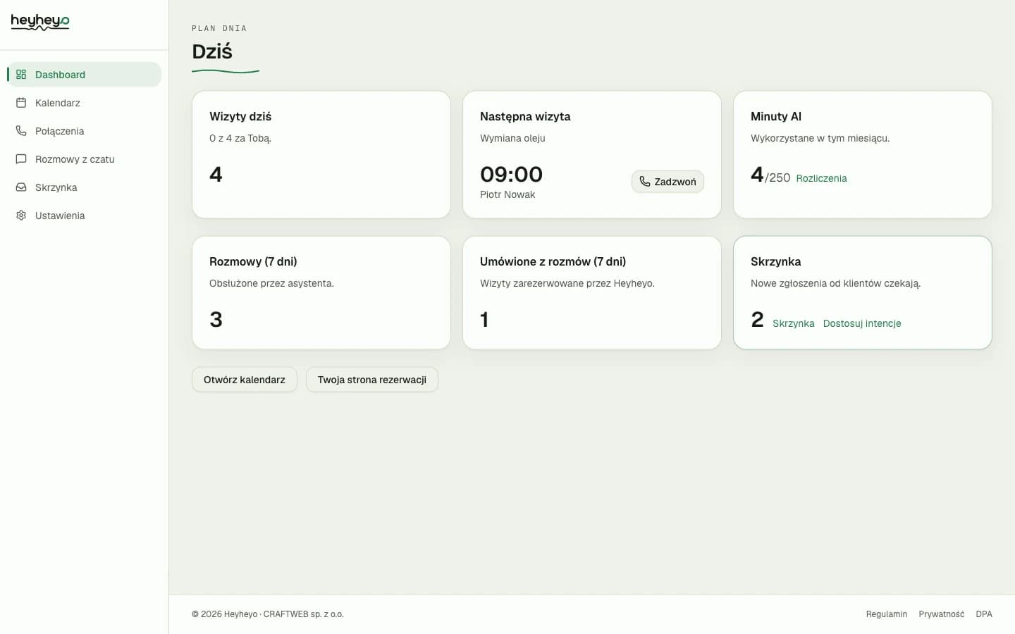 Panel Heyheyo - plan dnia z wizytami, minutami i Skrzynką