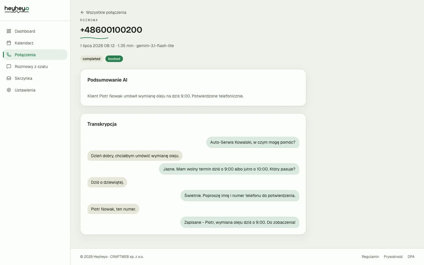 Szczegół połączenia w Heyheyo - transkrypcja rozmowy i podsumowanie AI