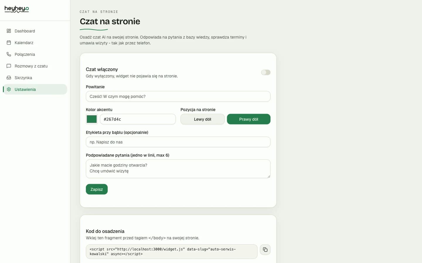 Konfiguracja czatu na stronie w Heyheyo z podglądem widgetu