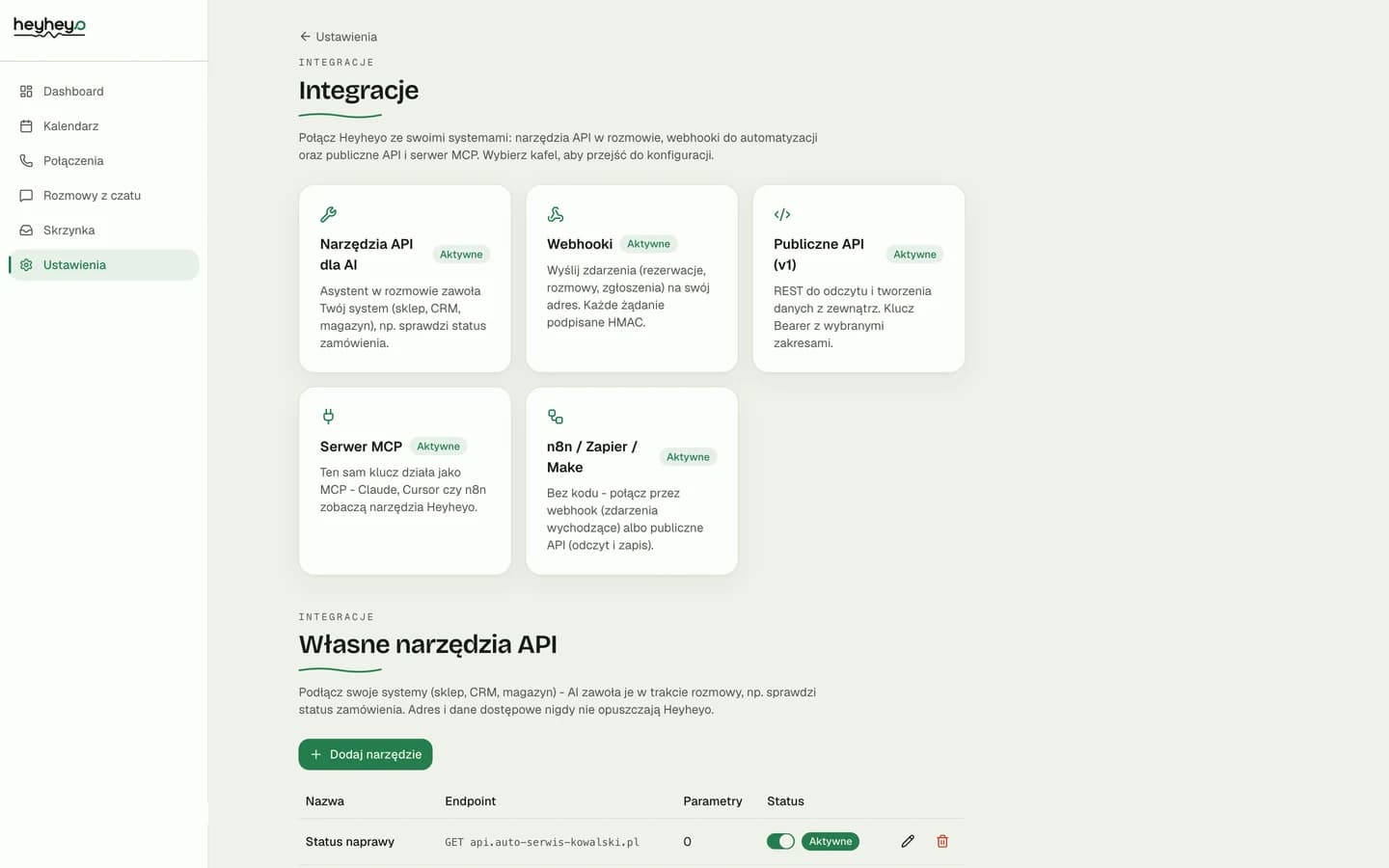 Panel integracji Heyheyo - narzędzia API, webhooki, publiczne API i serwer MCP