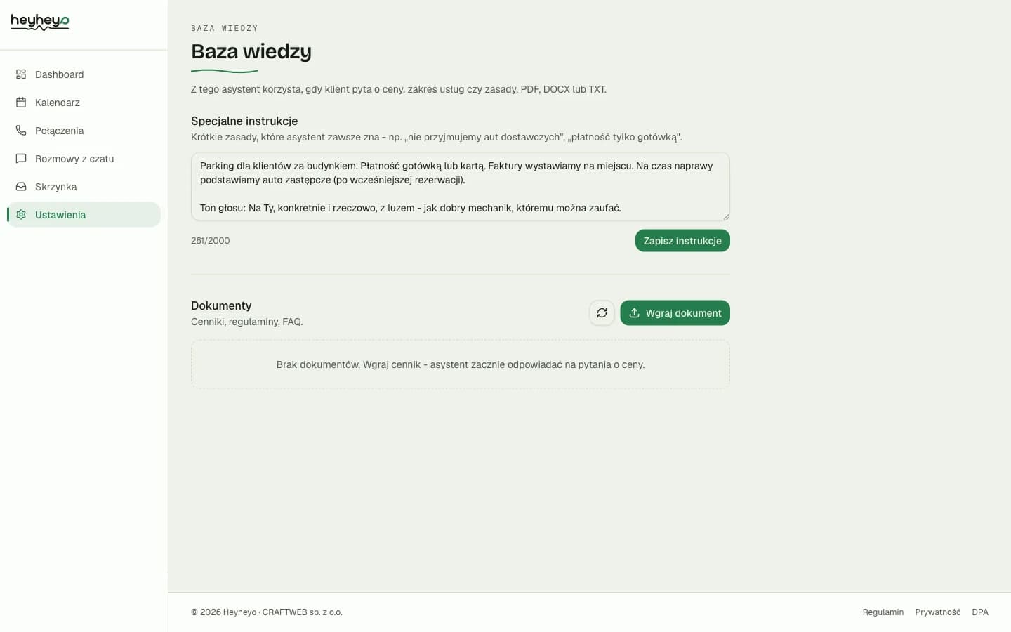 Baza wiedzy Heyheyo - instrukcje, dokumenty i ton głosu