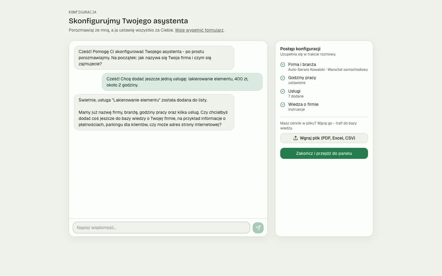 Konwersacyjny onboarding Heyheyo - czat konfiguruje konto, checklista postępu