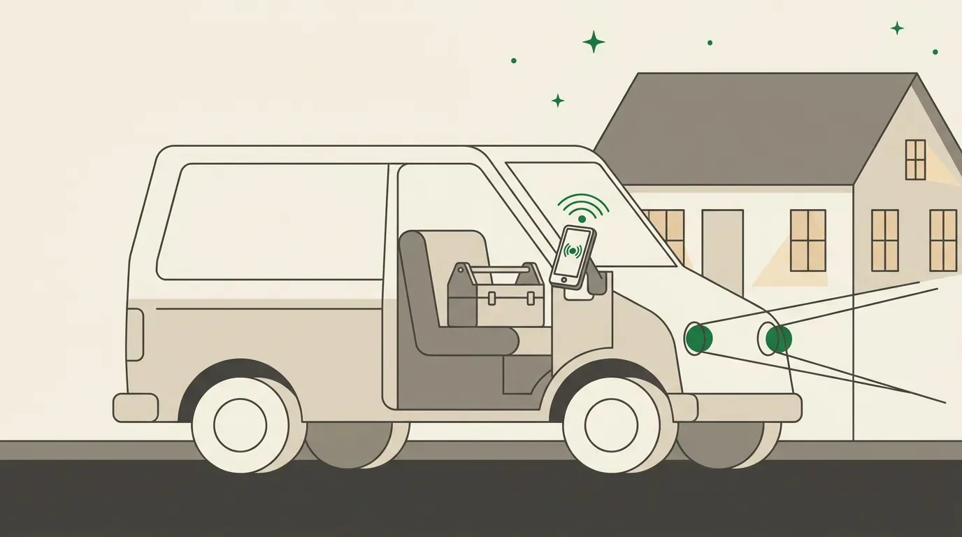 Bus serwisanta wieczorem pod domem klienta, telefon na uchwycie odbiera zgłoszenie, gdy technik jest w trasie