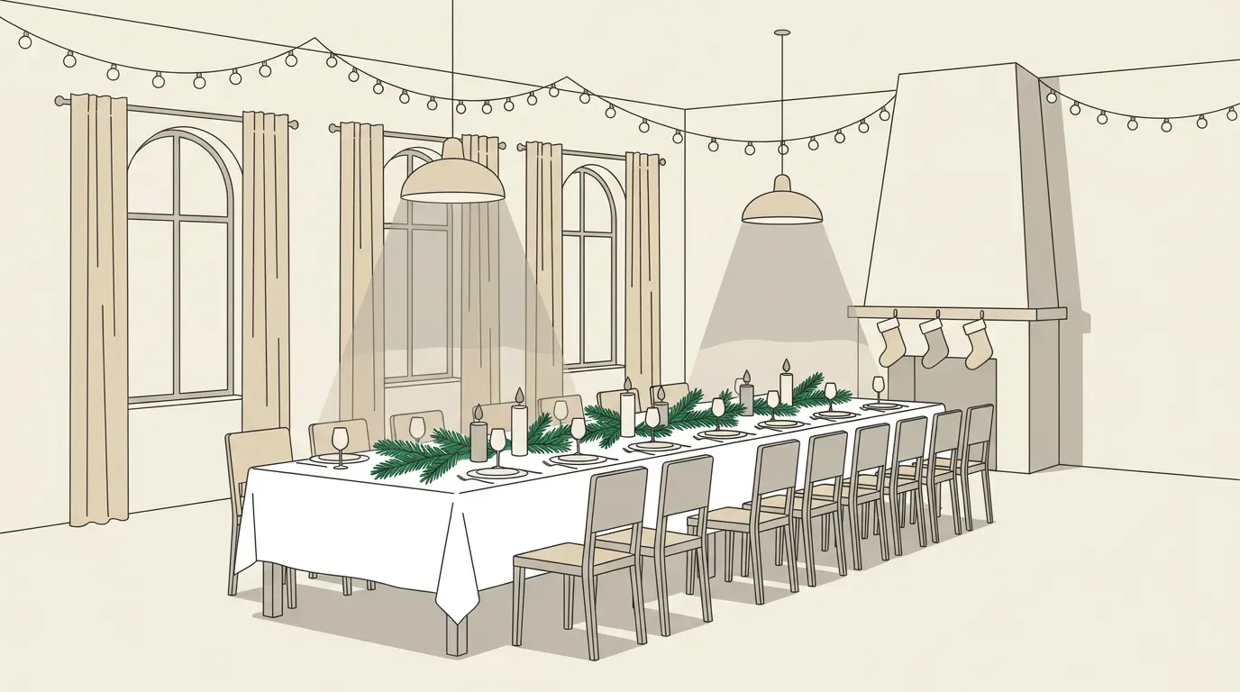 Pusta sala restauracyjna przygotowana na świąteczne przyjęcie, długi stół nakryty białym obrusem, gałązki jodły i świece